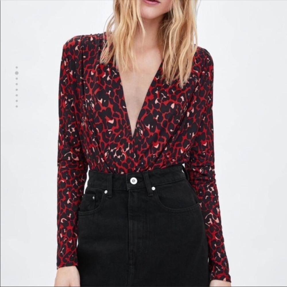 Zara Red Deep V-Neck Leopard Print Bodysuit